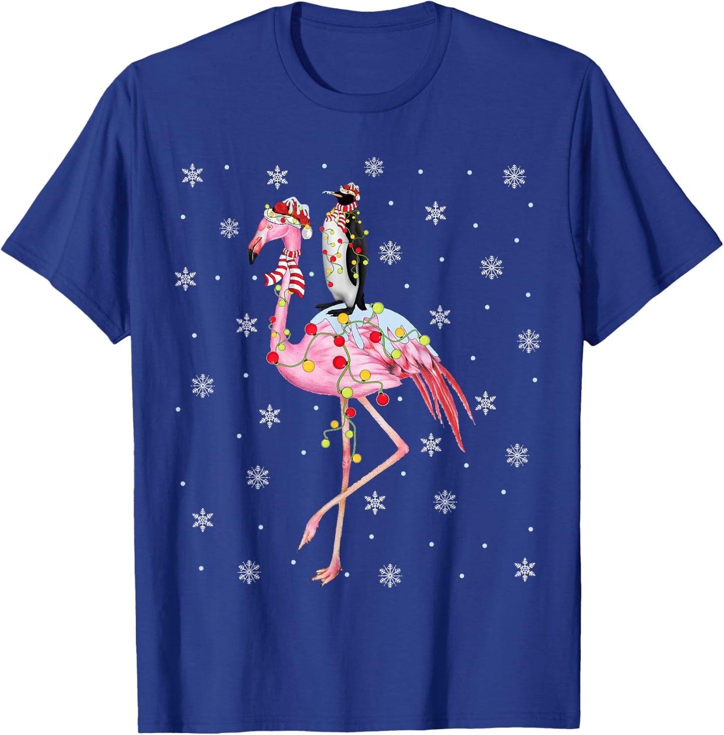 Xmas Lighting Santa Hat Flamingo Riding Penguin Christmas T-Shirt - T-Shirt | Royal