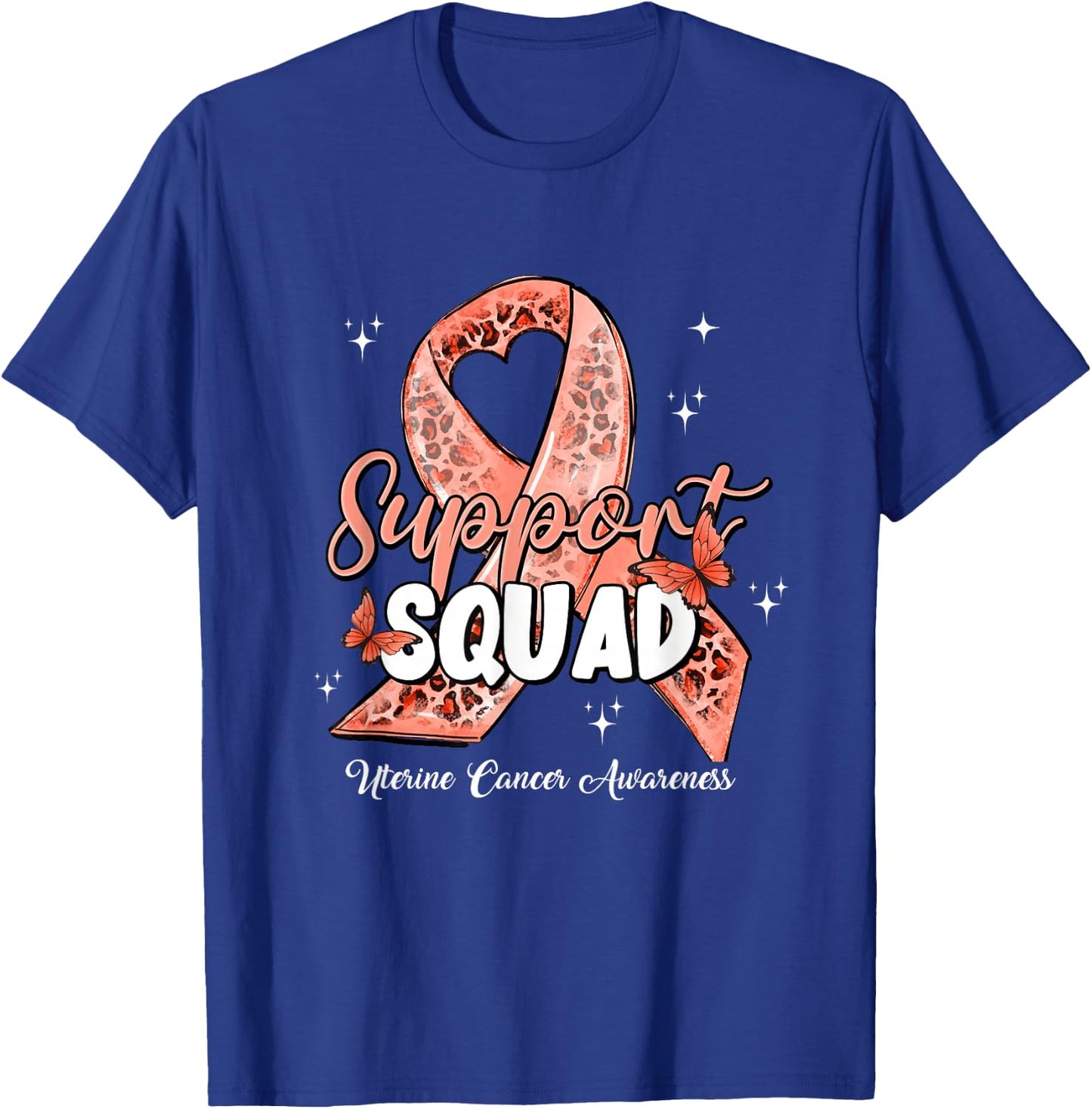 Support Squad Butterfly Peach Ribbon Uterine Cancer Gifts T-Shirt - T-Shirt | Royal