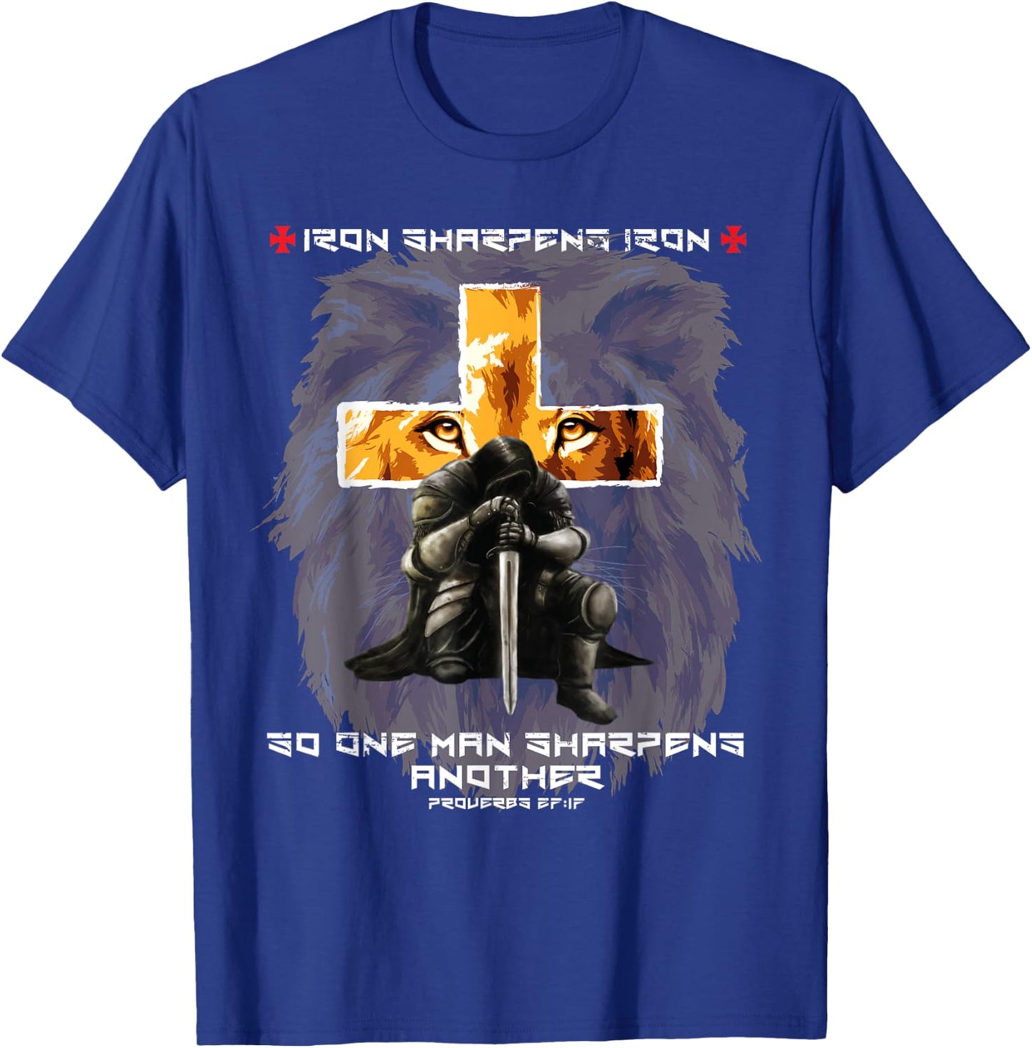Iron Sharpens Iron Christian Saying Lion Judah Cross Graphic T-Shirt - T-Shirt | Royal