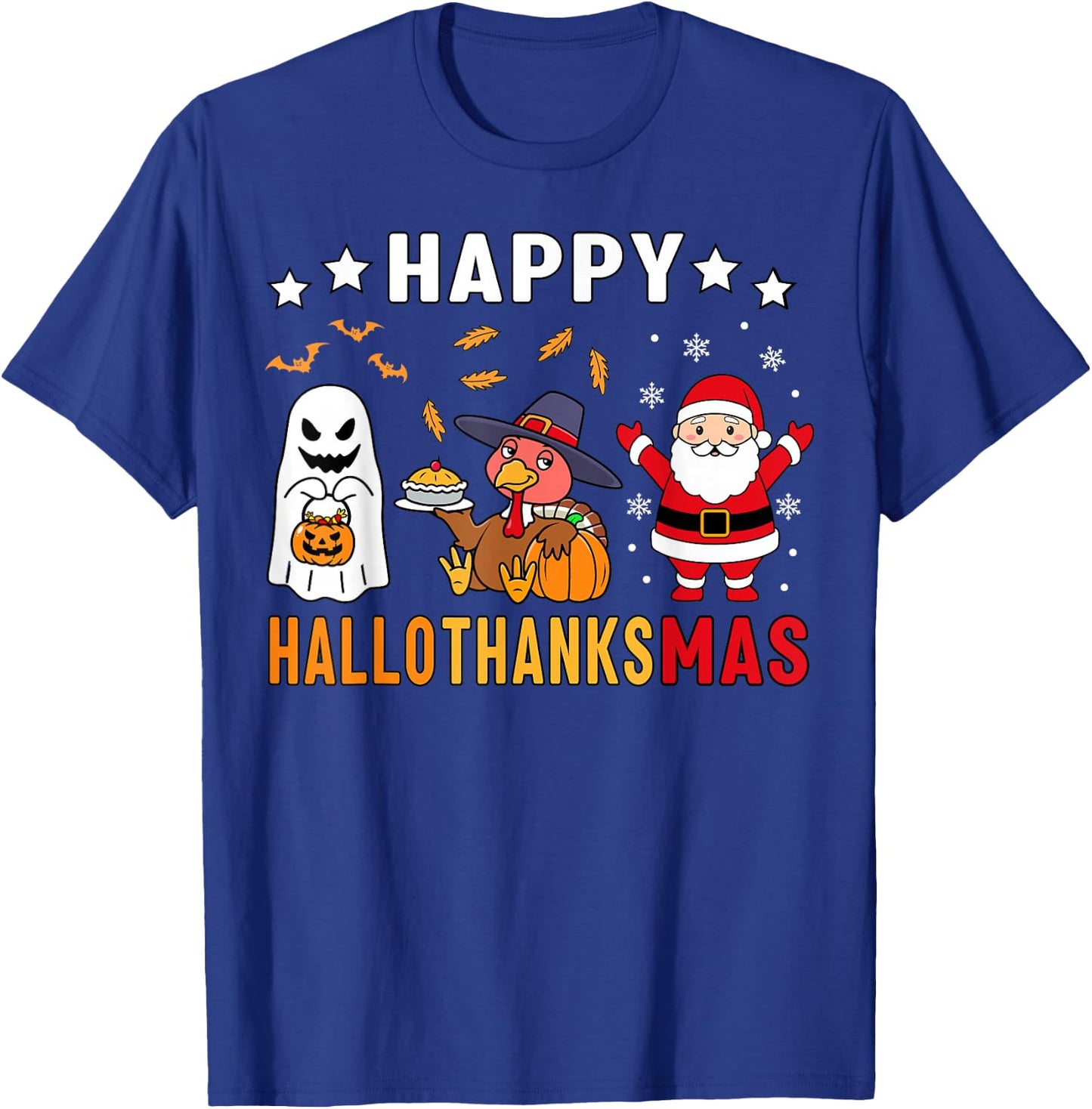 Happy Hallothanksmas Ghost Turkey Pumpkin Christmas Santa T-Shirt - T-Shirt | Royal