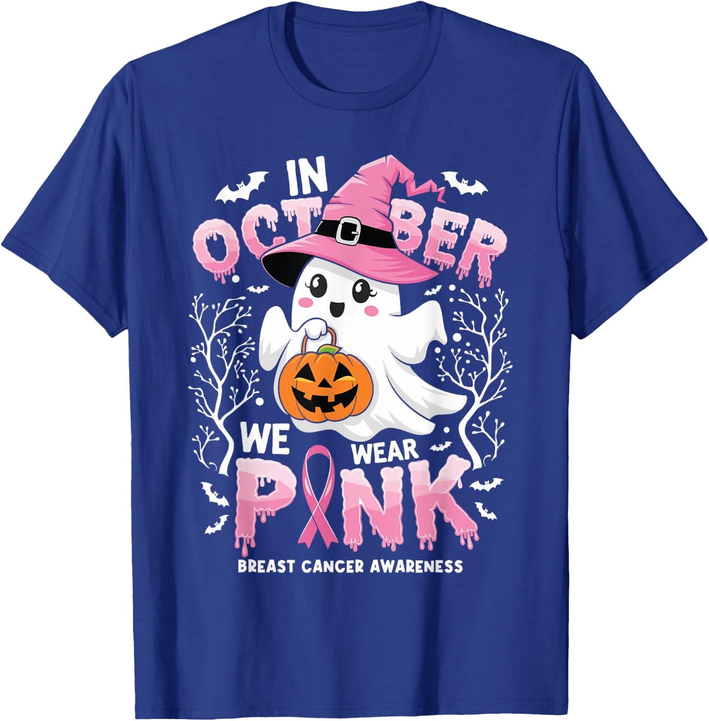In October We Wear Pink Ghost Witch Breast Cancer Awareness T-Shirt - T-Shirt | Royal