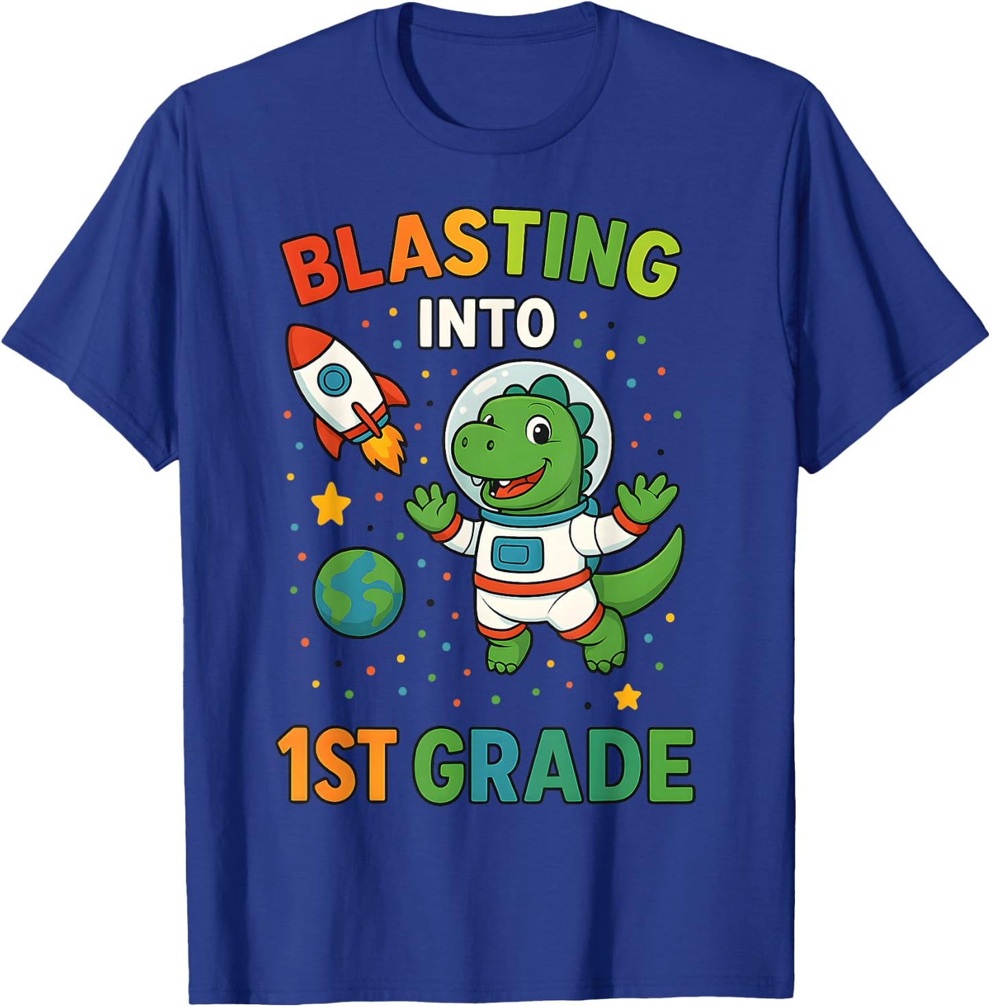 Blasting Into 1st Grade Dinosaur Astronaut Back To School T-Shirt - T-Shirt | Royal