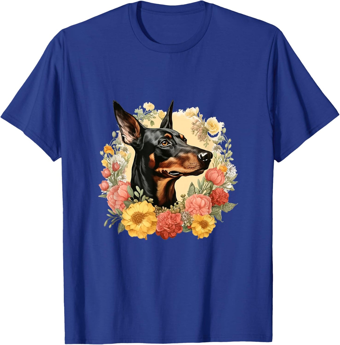 Doberman Pinscher Dog With Flowers Vintage Floral Border T-Shirt - T-Shirt | Royal