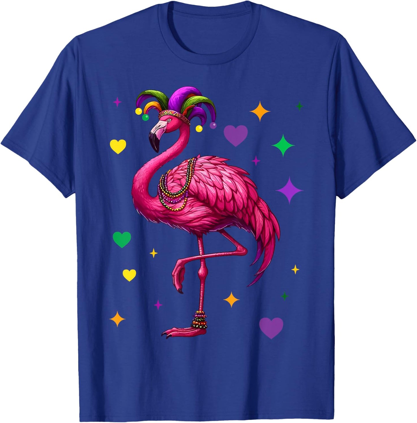 Flamingo Wearing Jester Hat Mardi Gras Fun T-Shirt - T-Shirt | Royal