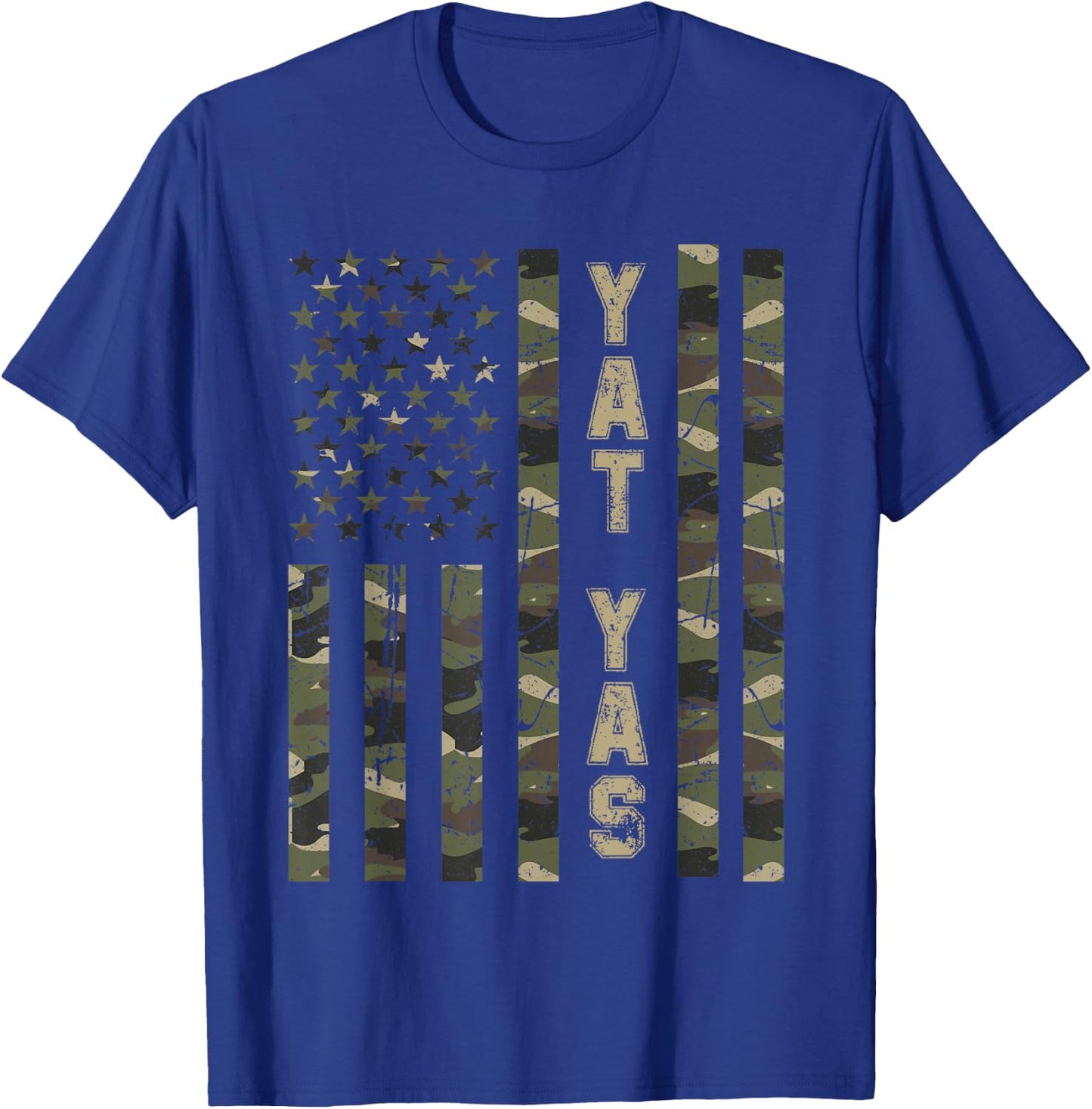 Yat Yas United States Distressed Camo w US Flag T-Shirt - T-Shirt | Royal