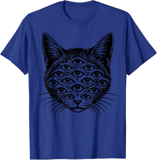 Surreal Many Eyed Cat Occult Gothic Weird Art Graphic T-Shirt - T-Shirt | Royal