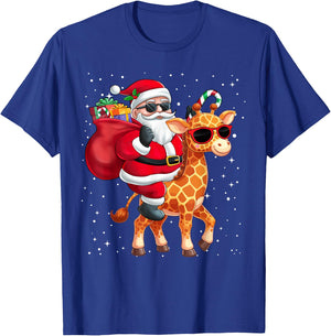 Santa Claus Riding A Giraffe Christmas Boy Girl Kids T-Shirt - T-Shirt | Royal