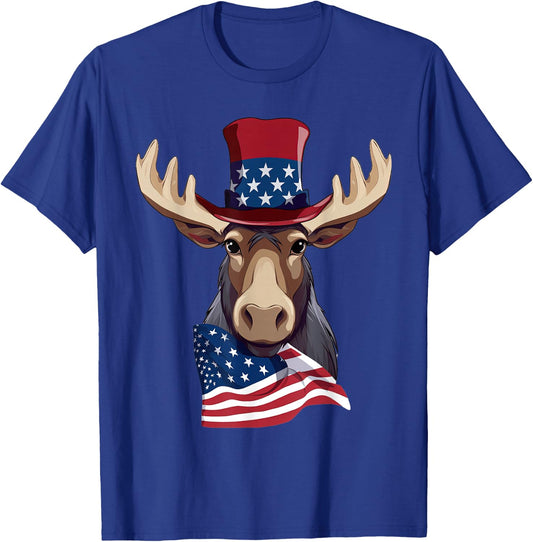Moose with Patriotic USA Flag American Independence Day T-Shirt - T-Shirt | Royal
