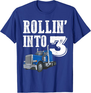 Rollin Into 3 Big Rig Semi Trailer Truck 3rd Birthday T-Shirt - T-Shirt | Royal
