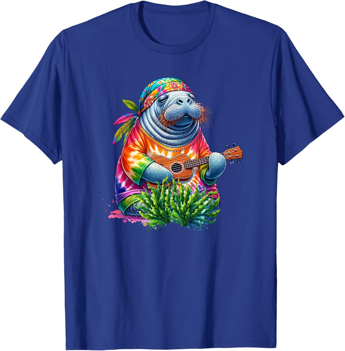 Funny Manatee Wears Hippie Tie Dye Playing Ukulele Uke Life T-Shirt - T-Shirt | Royal
