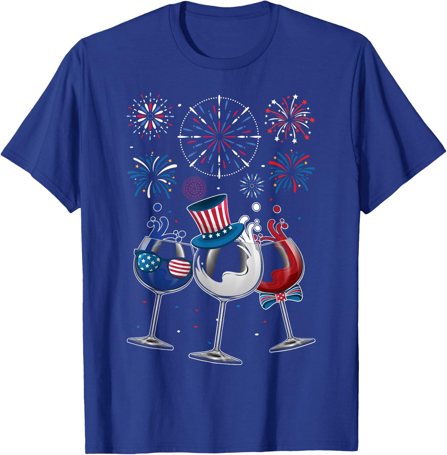 4th of July Red White Blue Wine Glasses Fireworks Patriotic Women Men T-Shirt - T-Shirt | Royal