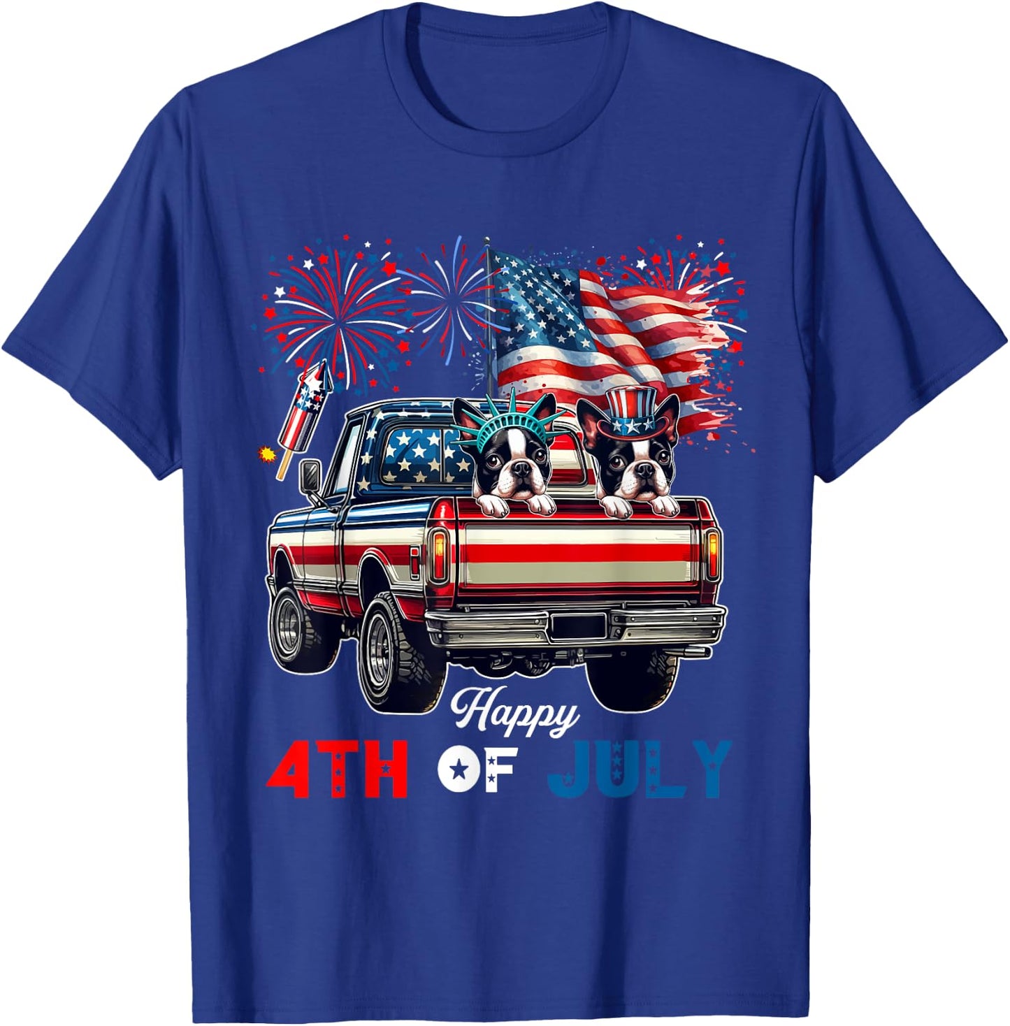 4th Of July Two Cute Boston Terriers On Pickup Truck Flag T-Shirt - T-Shirt | Royal