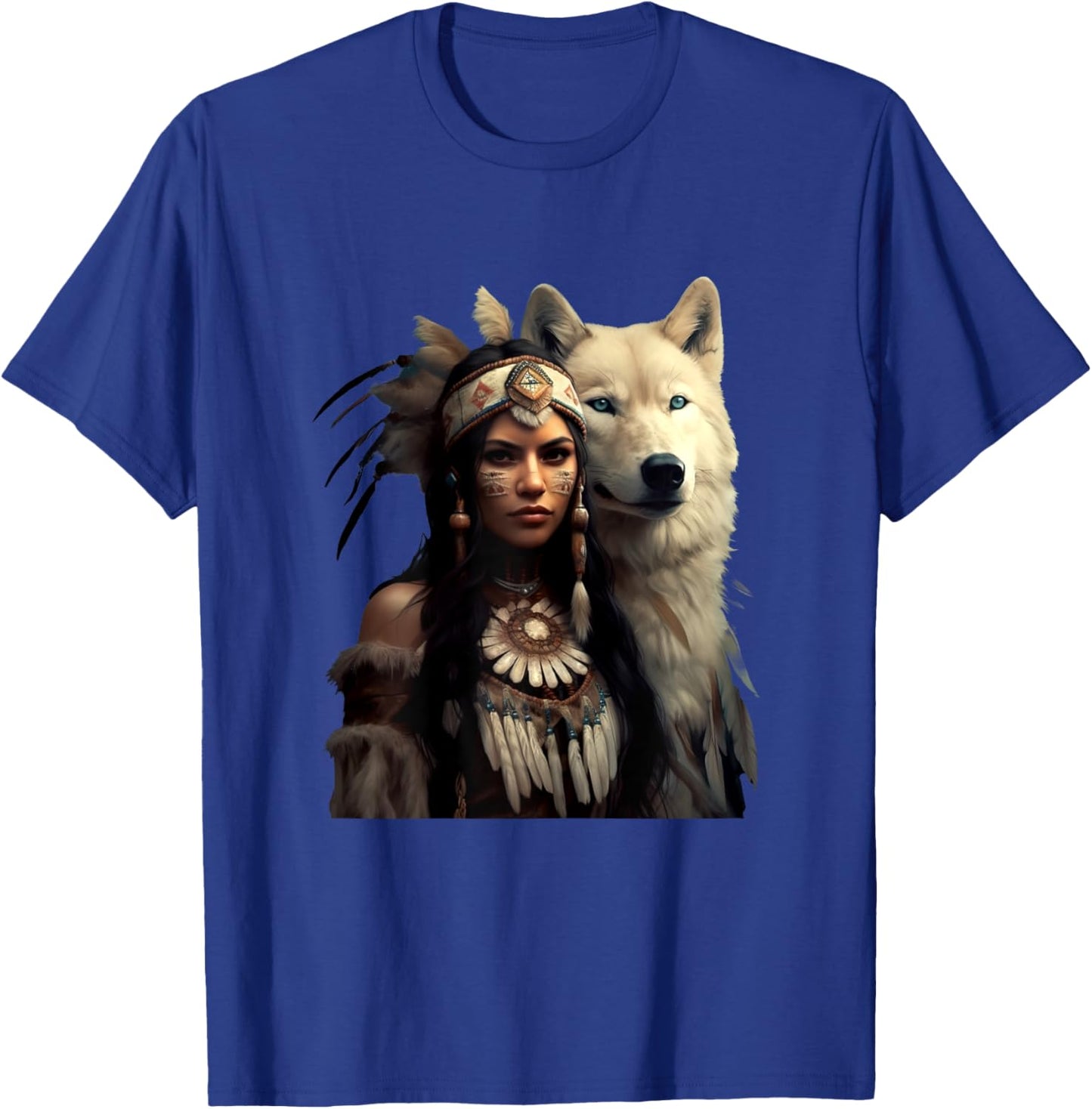Indian Native American Woman With White Wolf Vintage Gifts T-Shirt - T-Shirt | Royal