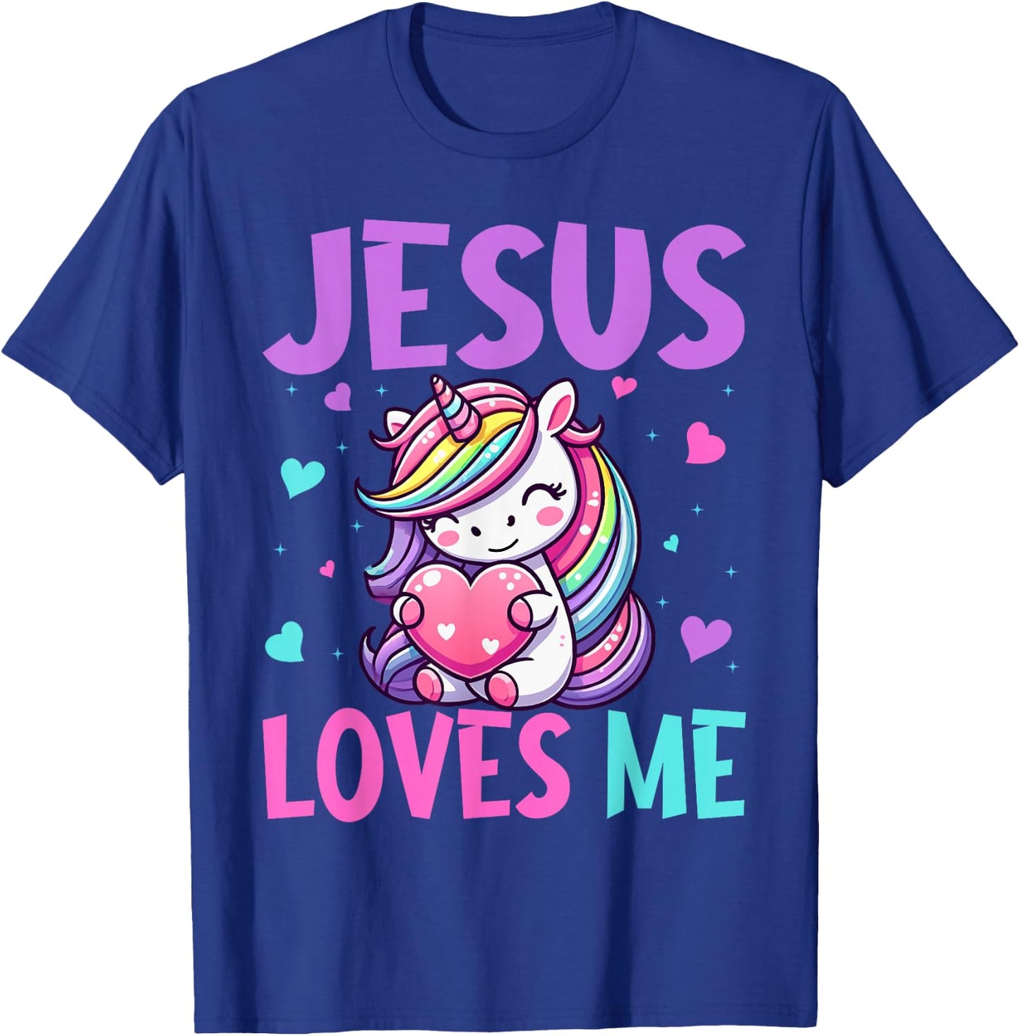 Kids Jesus Loves Me Christian Bible Girls Rainbow Unicorn T-Shirt - T-Shirt | Royal