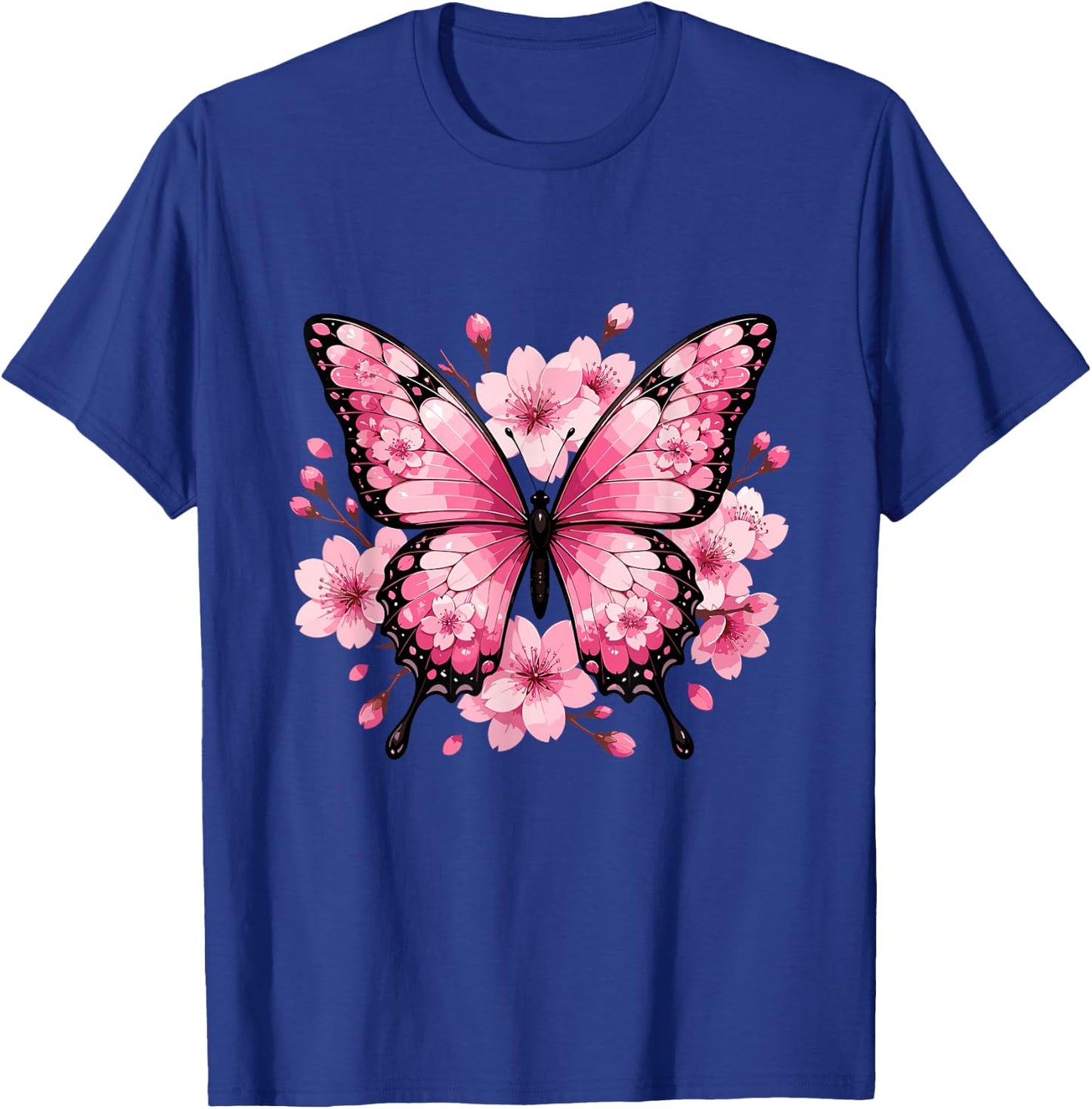 Pink Butterfly with Sakura Cherry Blossom Floral T-Shirt - T-Shirt | Royal