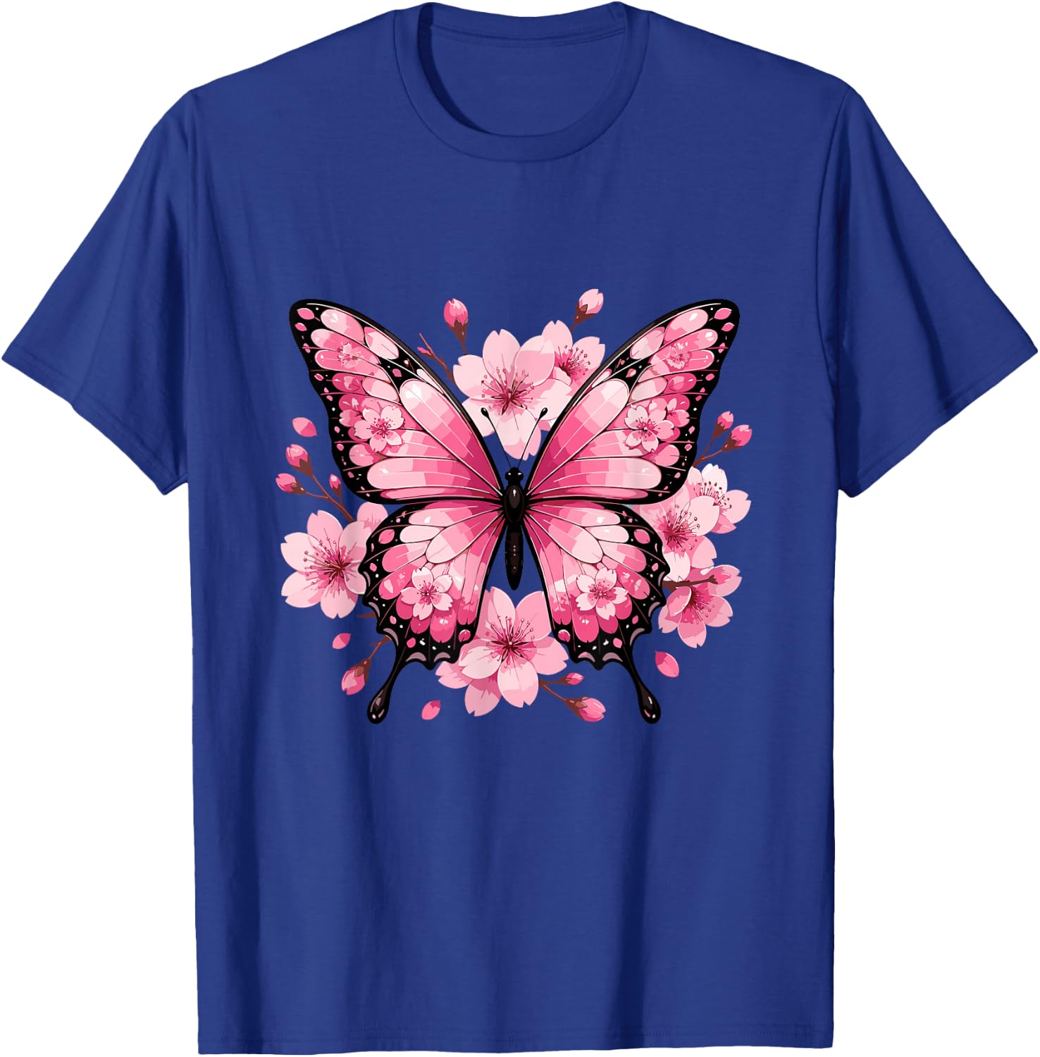 Pink Butterfly with Sakura Cherry Blossom Floral T-Shirt - T-Shirt | Royal
