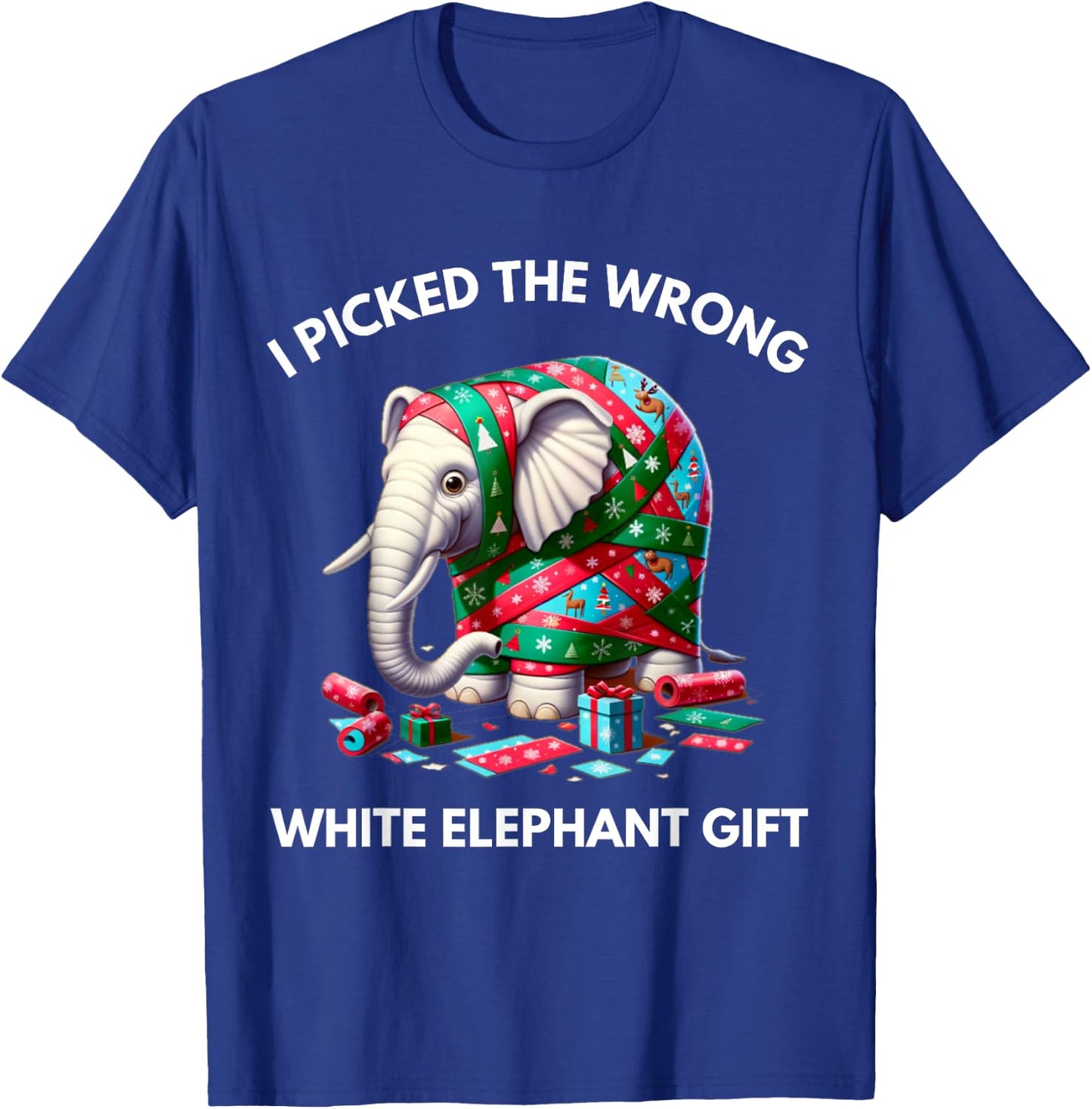 Funny White Elephant Gift Wrapped Elephant Dumb Gift T-Shirt - T-Shirt | Royal