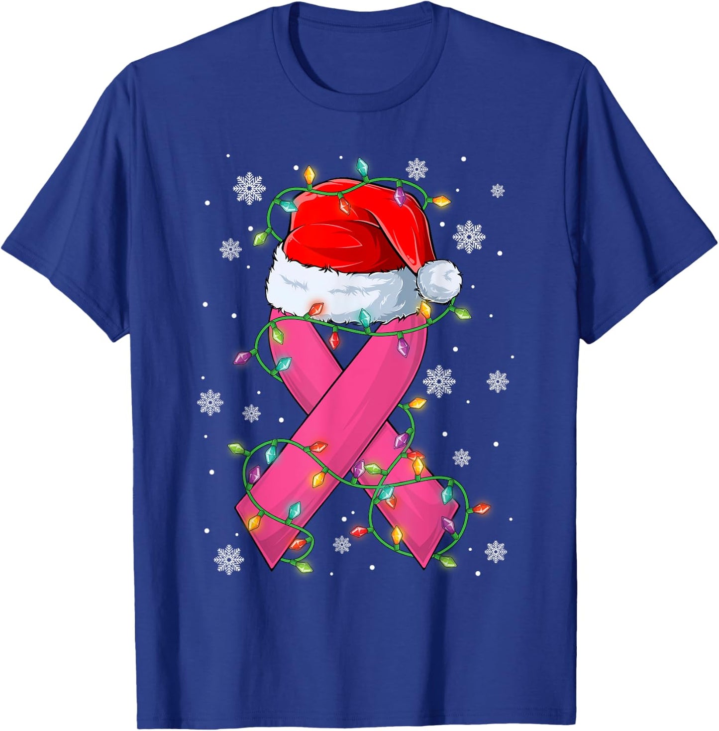 Pink Ribbon Santa Hat Christmas Tree Lights Breast Cancer T-Shirt - T-Shirt | Royal