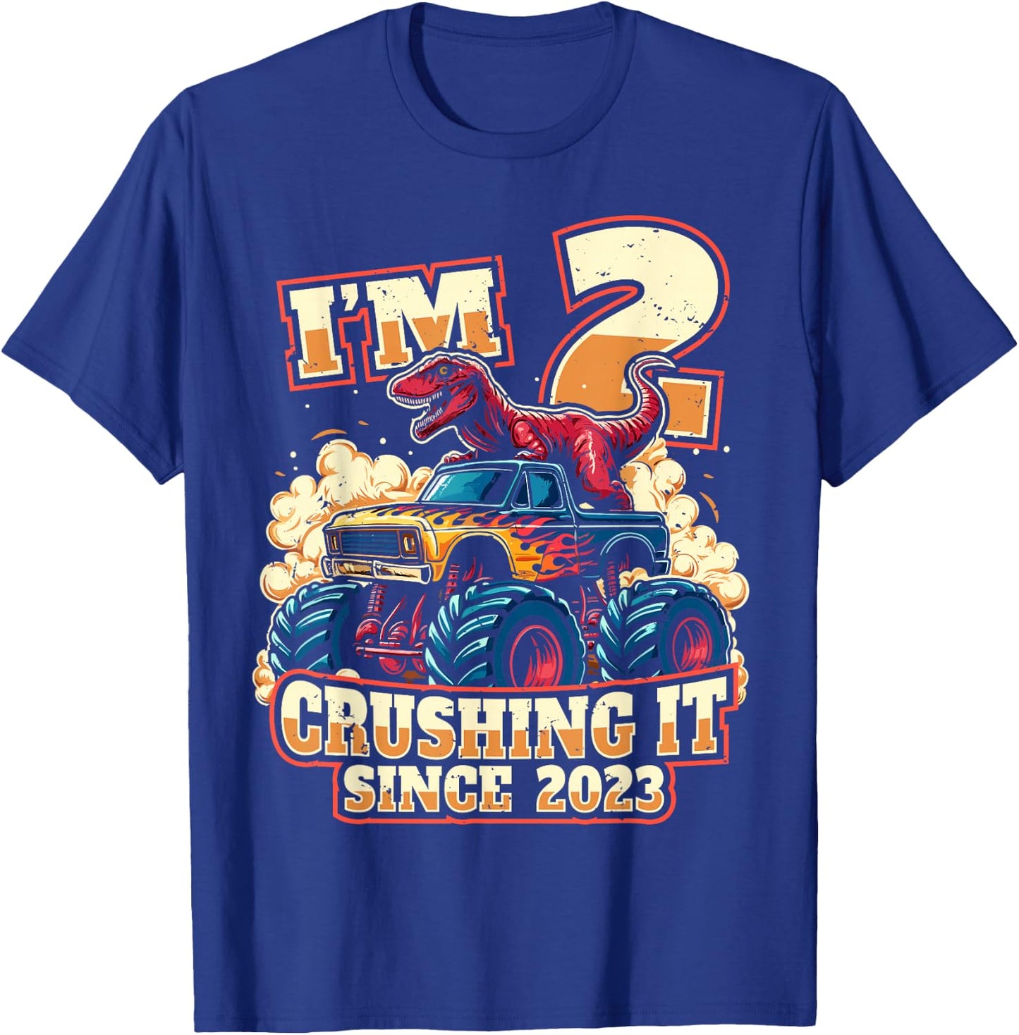 2nd Birthday Dinosaur Monster Truck - Crushing It Since 2023 T-Shirt - T-Shirt | Royal