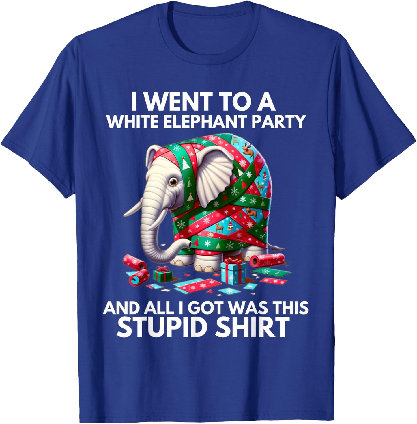 Funny White Elephant Gift Wrapped Elephant Dumb Gift T-Shirt - T-Shirt | Royal