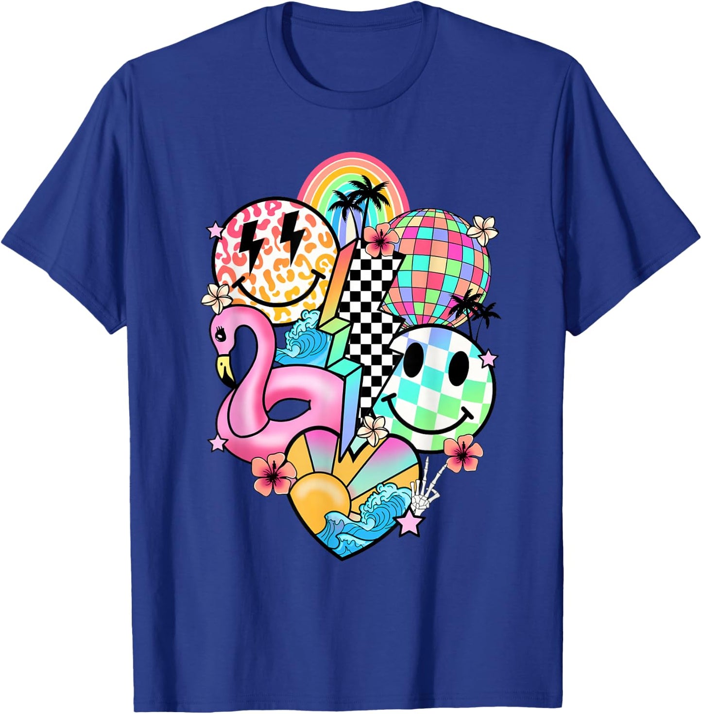 Retro Groovy Summer Vibes Smile Face Hello Summer Vacation T-Shirt - T-Shirt | Royal