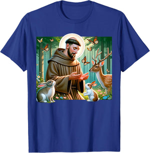 St Francis of Assisi Patron Saint of Animals Forest Catholic T-Shirt - T-Shirt | Royal