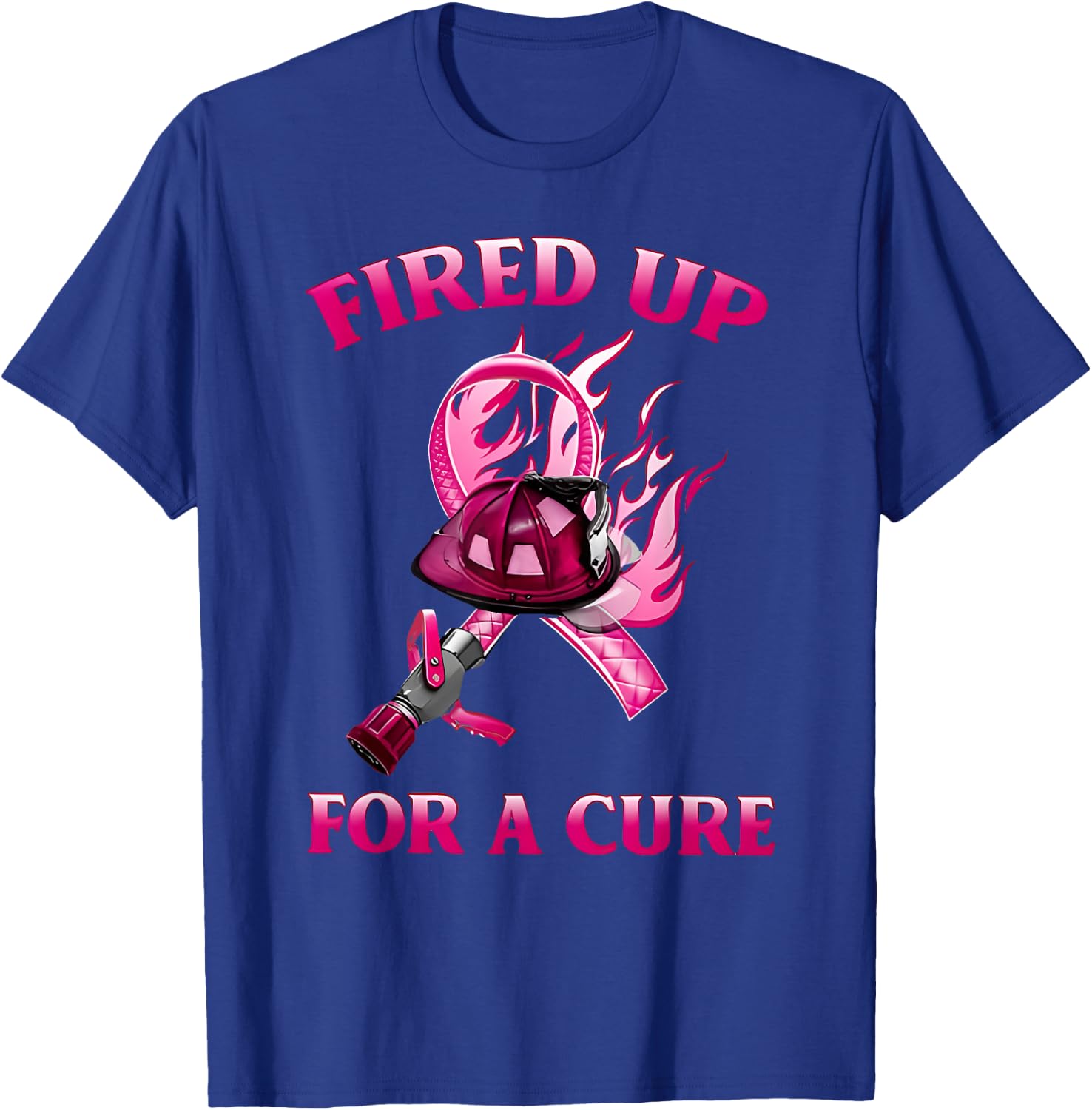Breast Cancer Fired Up for a Cure Cute Pink Ribbon Fireman T-Shirt - T-Shirt | Royal