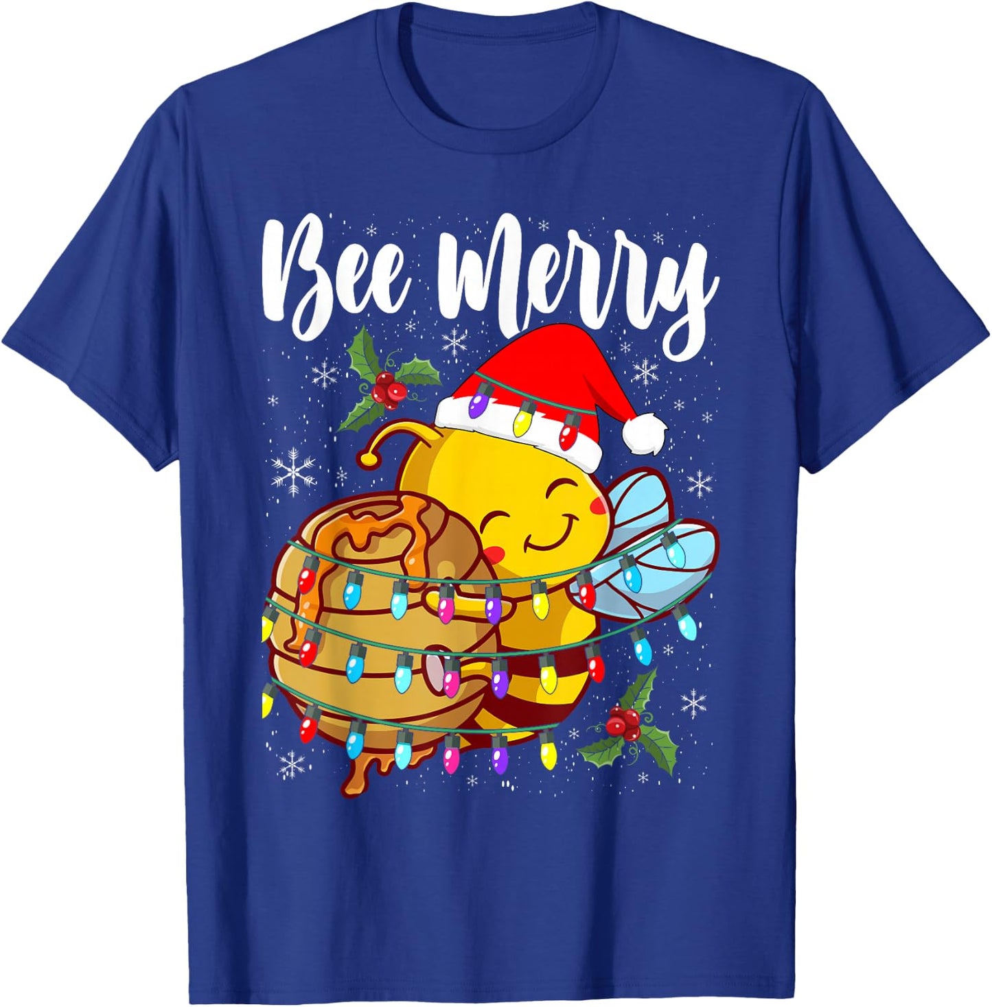 Bee Wears Santa Hat Xmas Lights T-Shirt - T-Shirt | Royal