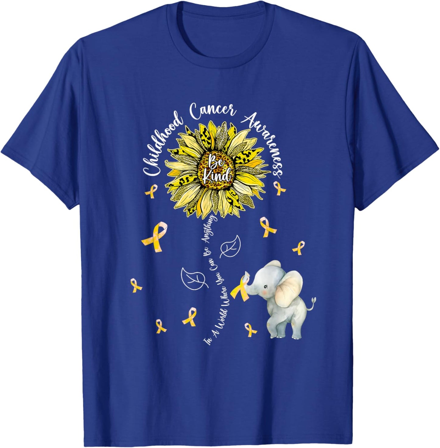 Be Kind Elephant Sunflower Childhood Cancer Awareness T-Shirt - T-Shirt | Royal