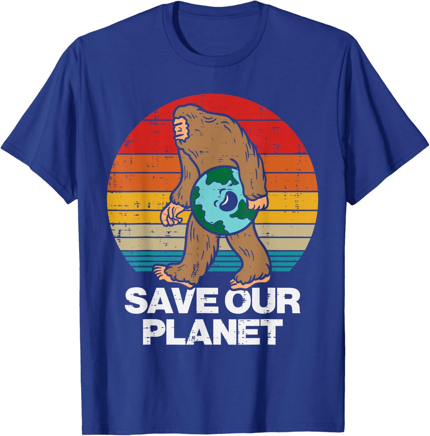 Save Our Planet Bigfoot Sunset Retro Earth Day Sasquatch T-Shirt - T-Shirt | Royal