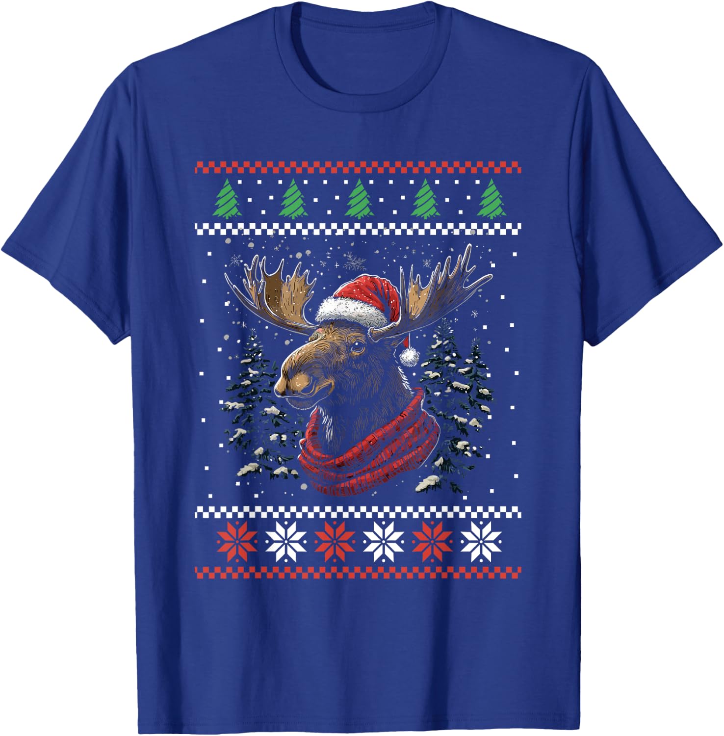 Moose Santa Hat Ugly Christmas Sweater Xmas T-Shirt - T-Shirt | Royal