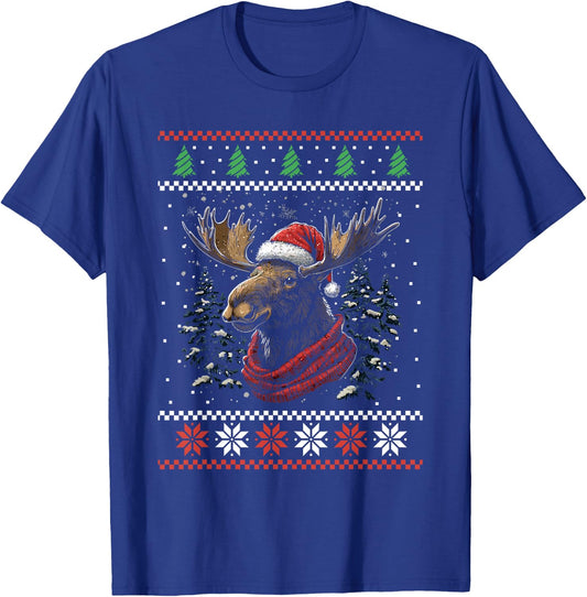 Moose Santa Hat Ugly Christmas Sweater Xmas T-Shirt - T-Shirt | Royal