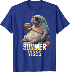Manatee Eating Hot Dogs - Summer Funny Design T-Shirt - T-Shirt | Royal