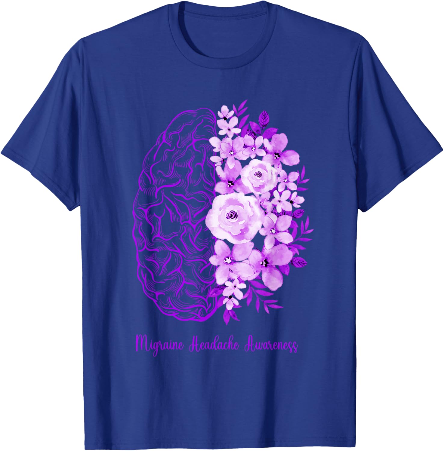 Migraine Headache Awareness Brain Flower Purple Ribbon T-Shirt - T-Shirt | Royal