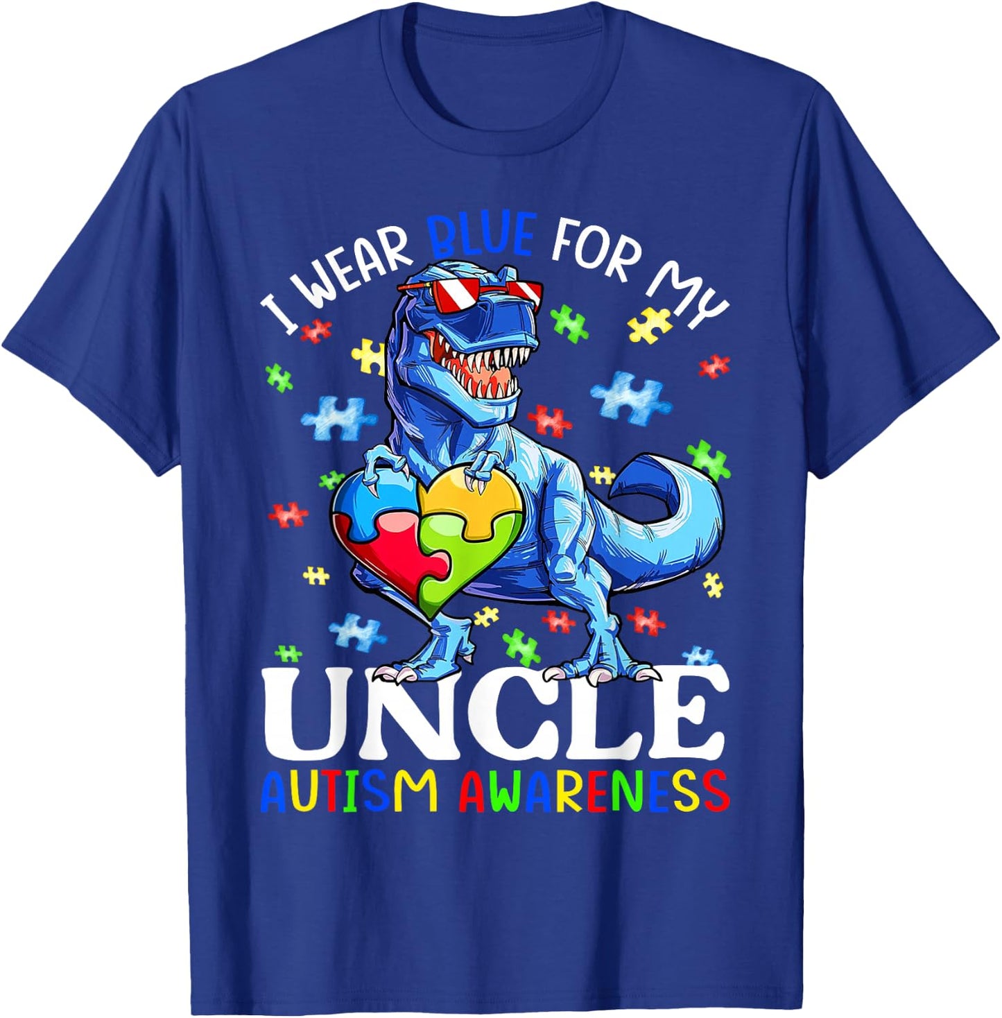I Wear Blue For My Uncle Autism Awareness Dinosaur Boys T-Shirt - T-Shirt | Royal