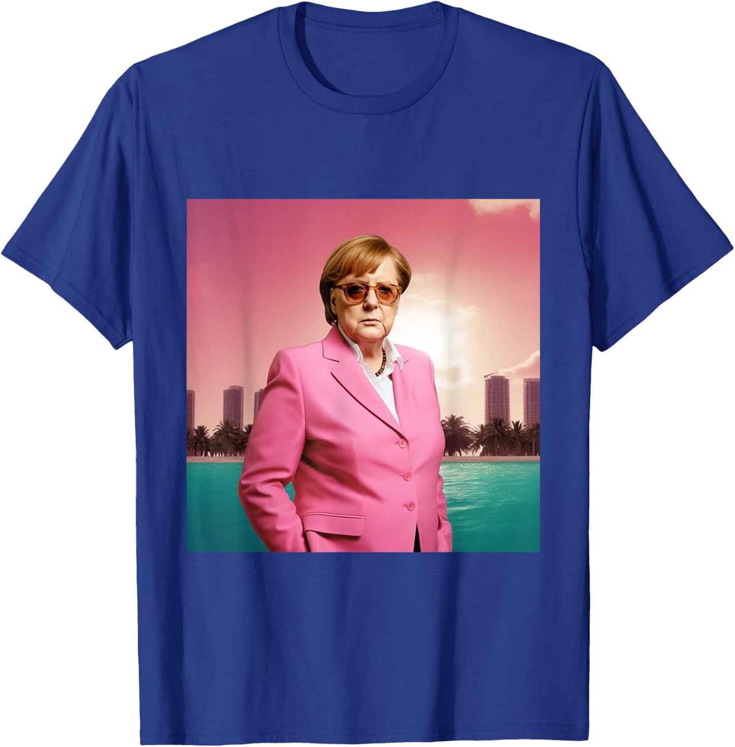Angela Merkel Wearing Pink Suit in Miami, Digital Art , black T-Shirt - T-Shirt | Royal