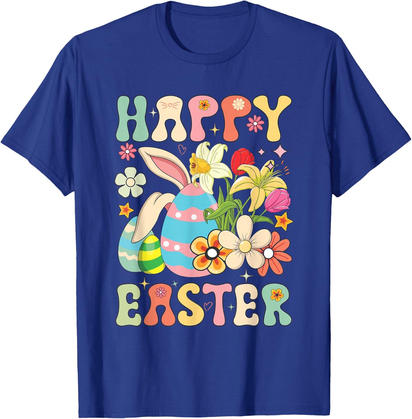 Happy Easter Bunny Rabbit Eggs Groovy Matching Easter Day T-Shirt - T-Shirt | Royal