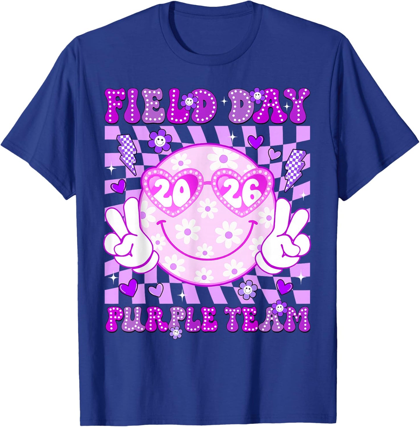 Field Day Purple Team 2026 Smile Face Sunglasses Kid Teacher T-Shirt - T-Shirt | Royal
