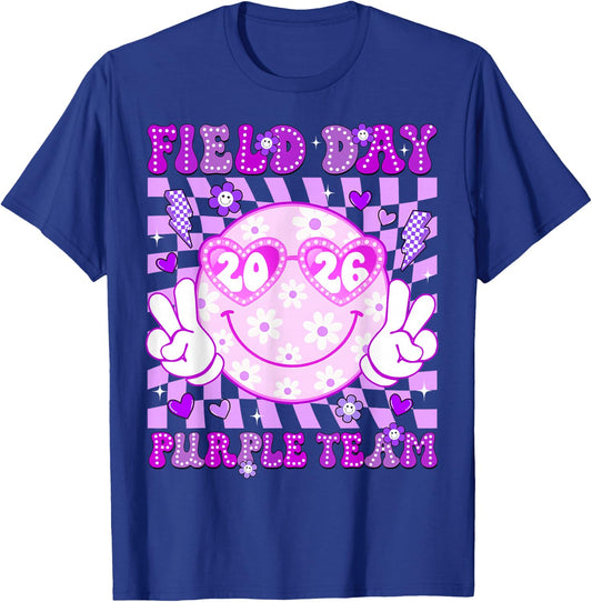 Field Day Purple Team 2026 Smile Face Sunglasses Kid Teacher T-Shirt - T-Shirt | Royal