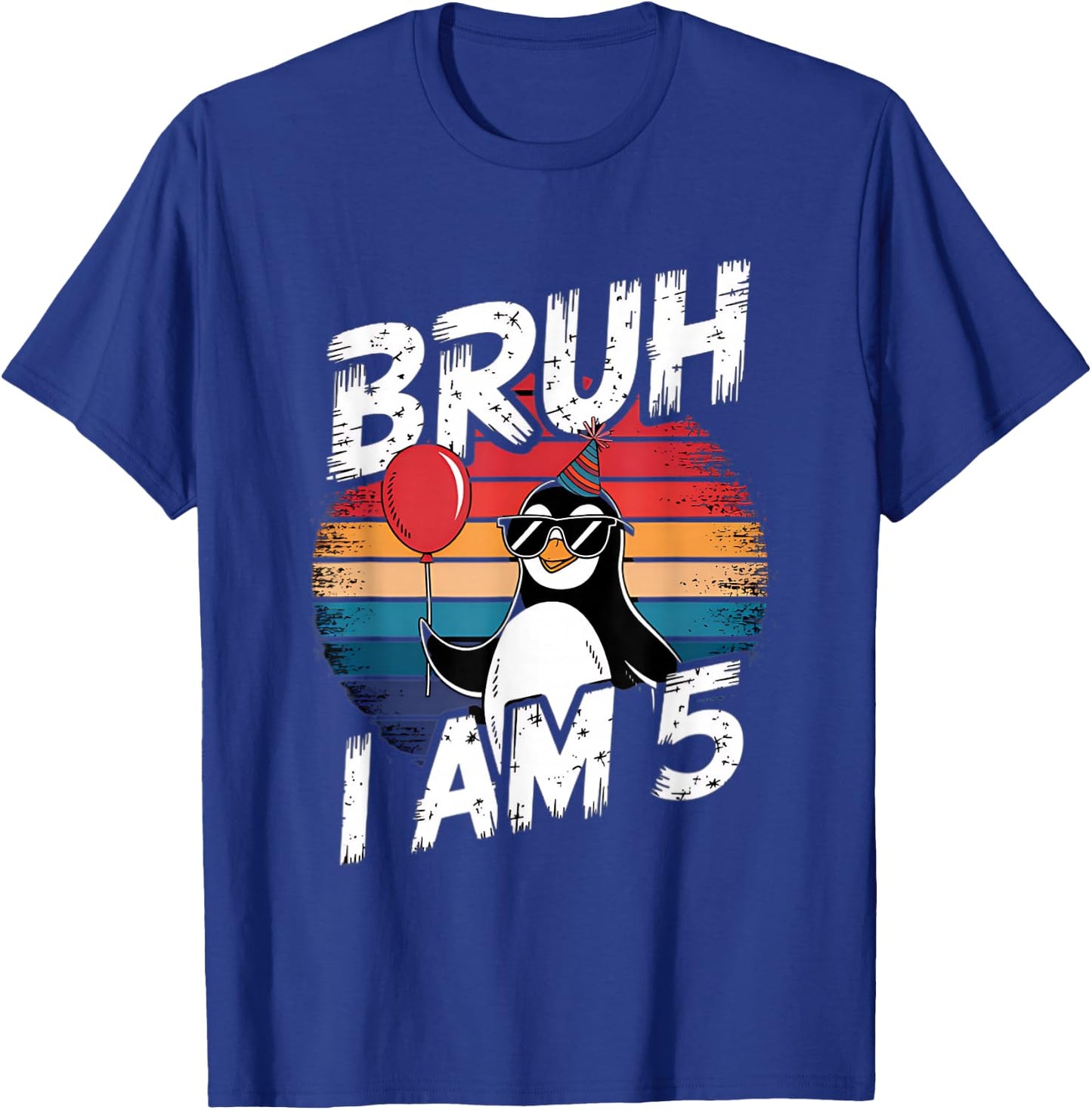 Bruh I Am 5 Penguin Kids 5th Birthday Party Retro Sunset T-Shirt - T-Shirt | Royal
