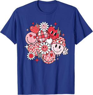 Smile Face Valentines Day Vibes Leopard Flower Groovy Retro T-Shirt - T-Shirt | Royal