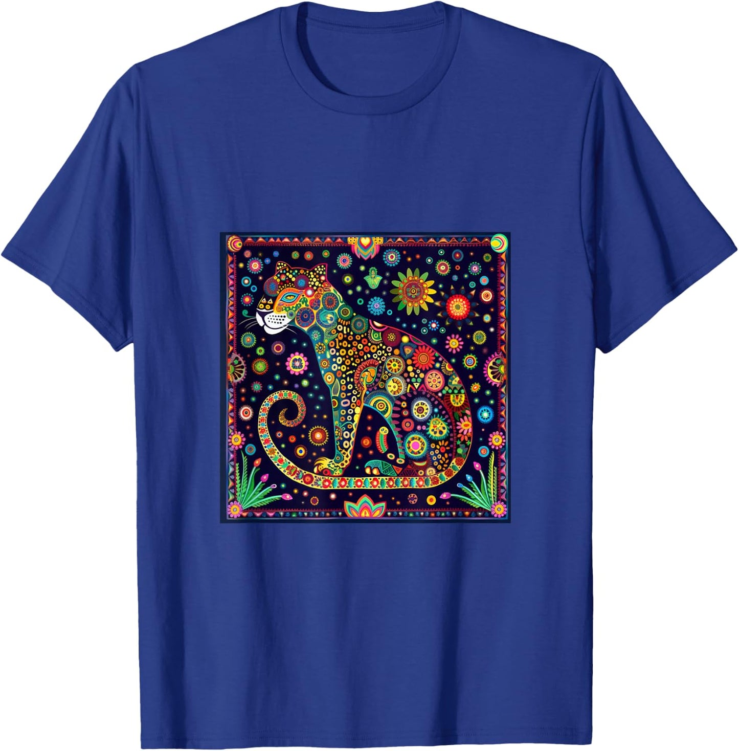 Jaguar Head Huichol Art Mexico Aztec Mayas T-Shirt - T-Shirt | Royal