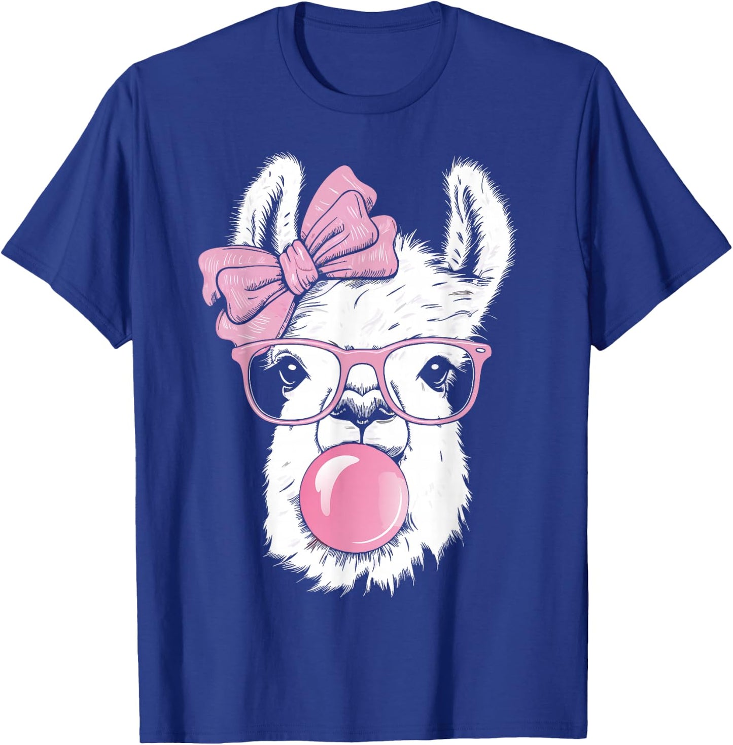 Llama Wearing Glasses and Blowing Pink Bubble Gum T-Shirt - T-Shirt | Royal