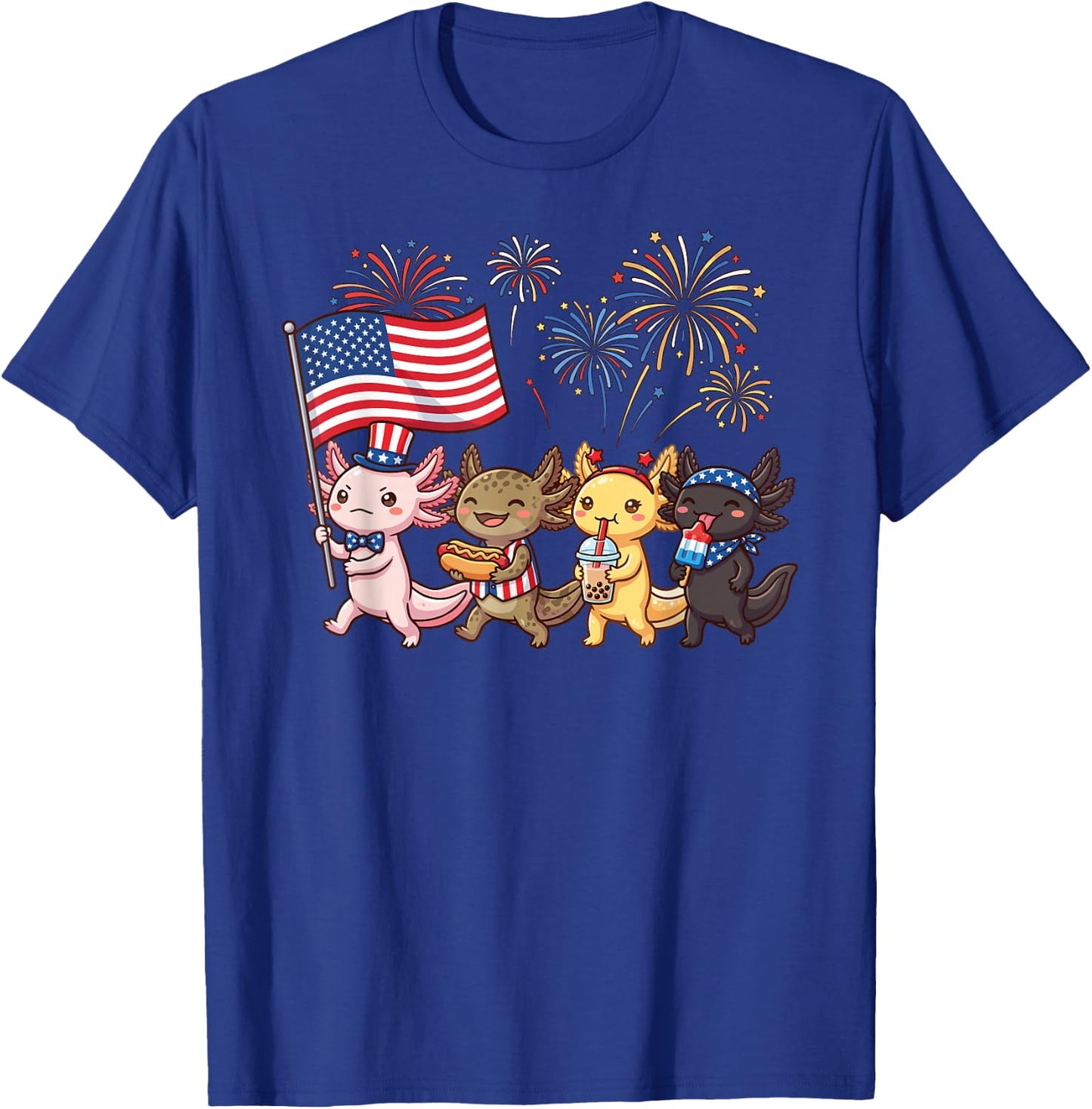Kawaii Patriotic Axolotls Celebrating 4th of July Fireworks T-Shirt - T-Shirt | Royal