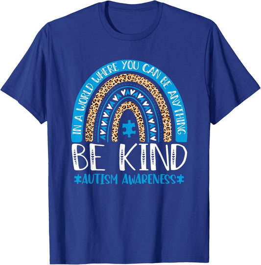 Be Kind Autism Awareness Blue Puzzle Leopard Rainbow Autism T-Shirt - T-Shirt | Royal
