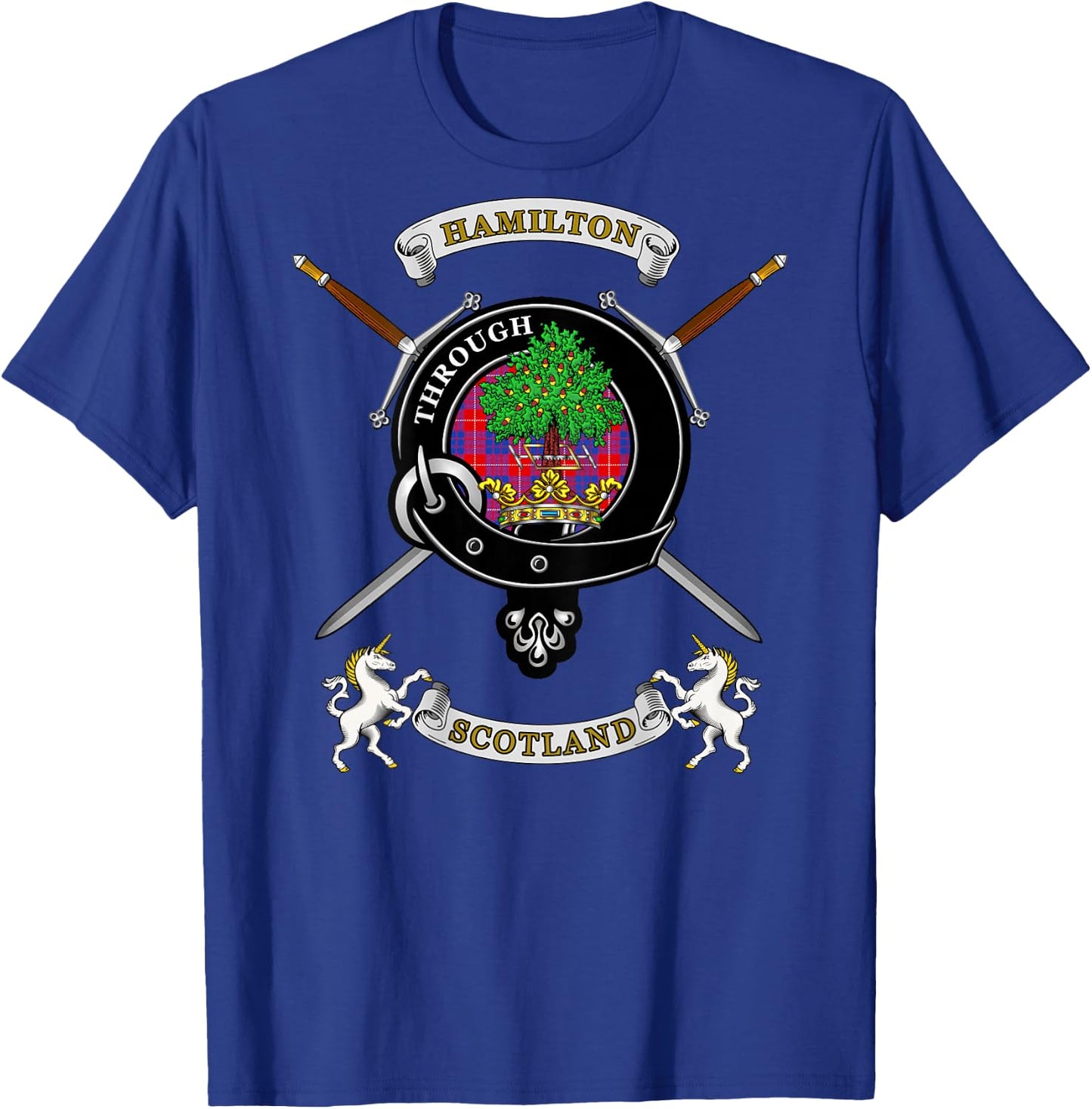 Hamilton Scottish Clan Badge Tartan & Swords (Back) T-Shirt - T-Shirt | Royal