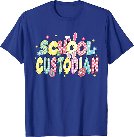 Retro Groovy School Custodian Bunny Ear Funny Easter Gifts T-Shirt - T-Shirt | Royal