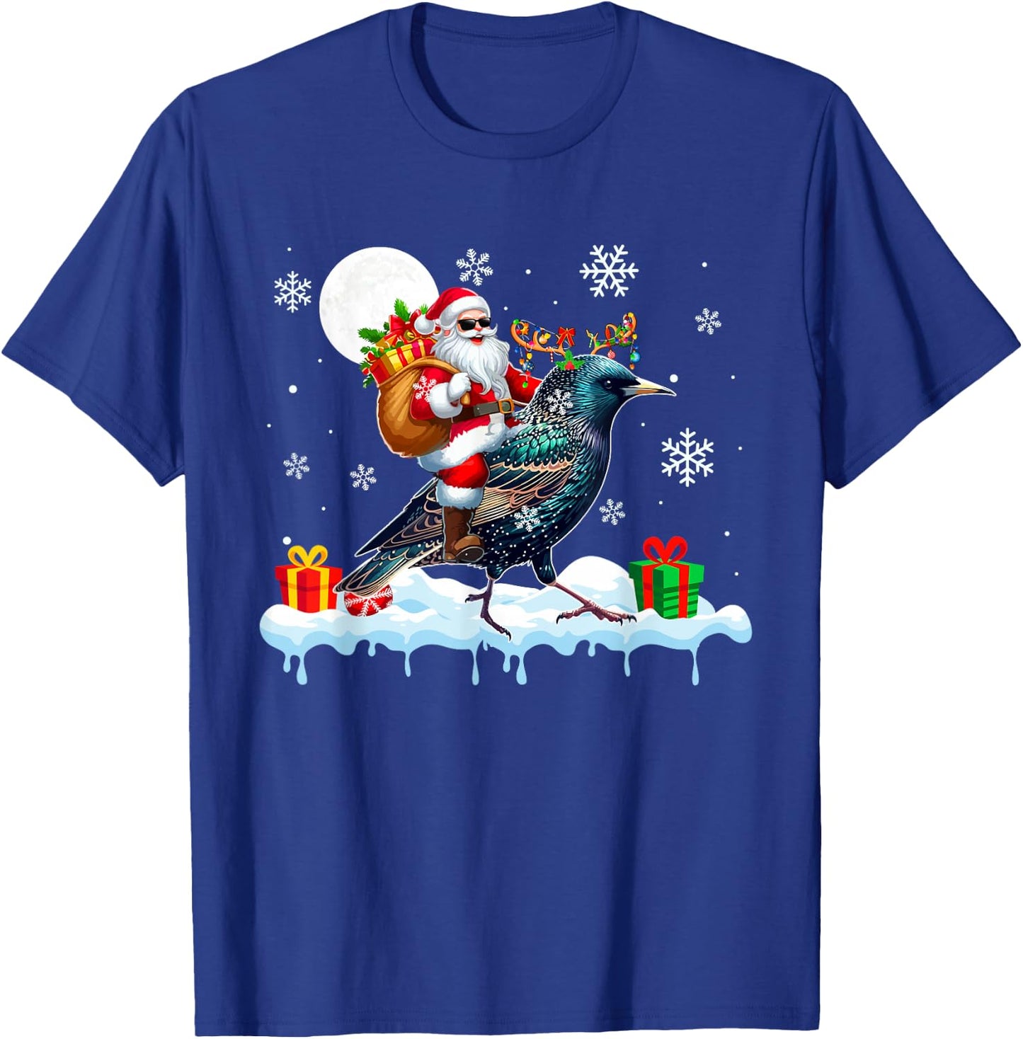 Santa Sunglasses Riding Reindeer Starling Bird Enthusiast T-Shirt - T-Shirt | Royal