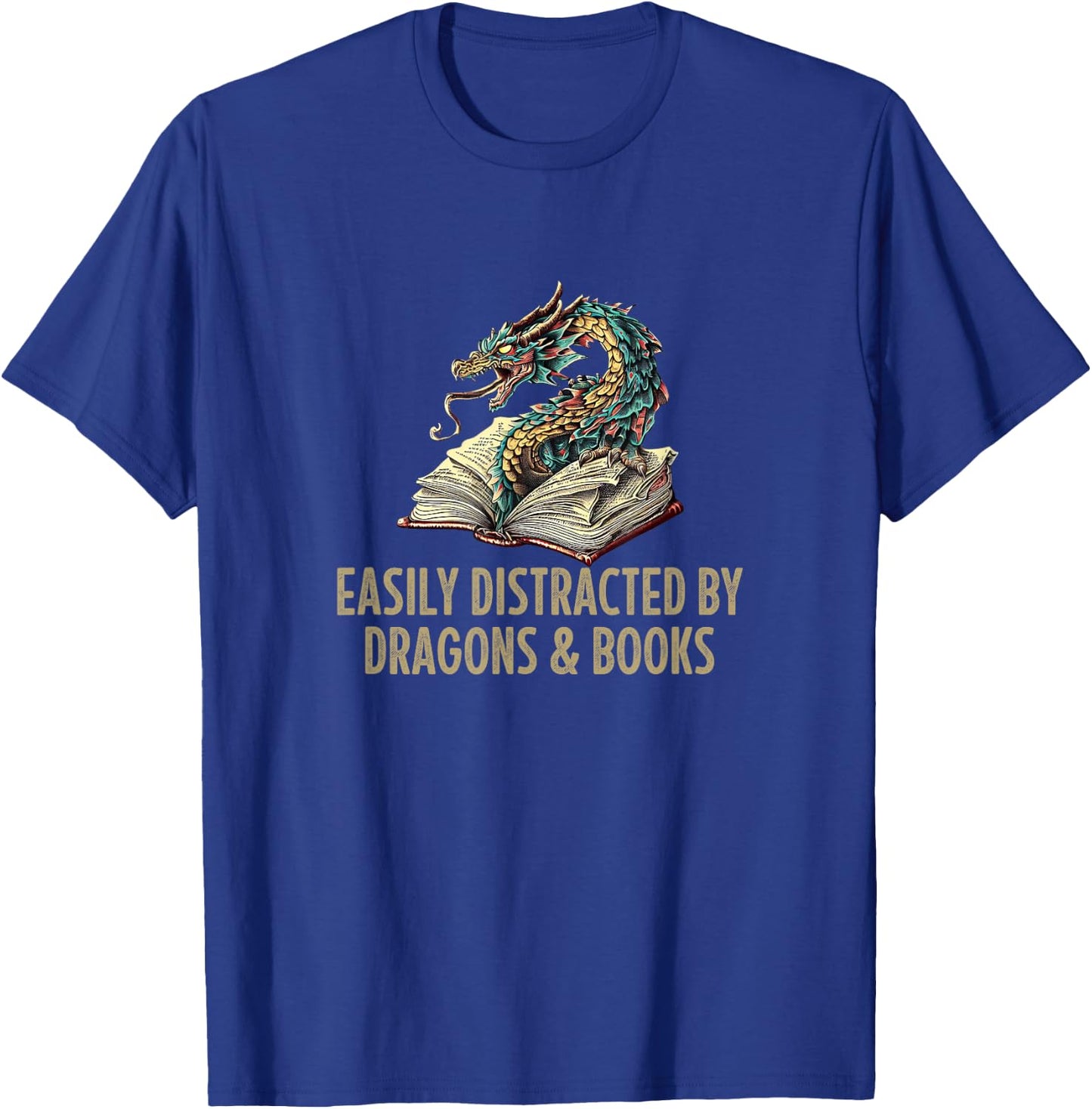 Easily Distracted By Dragons & Books - Vintage Style T-Shirt - T-Shirt | Royal