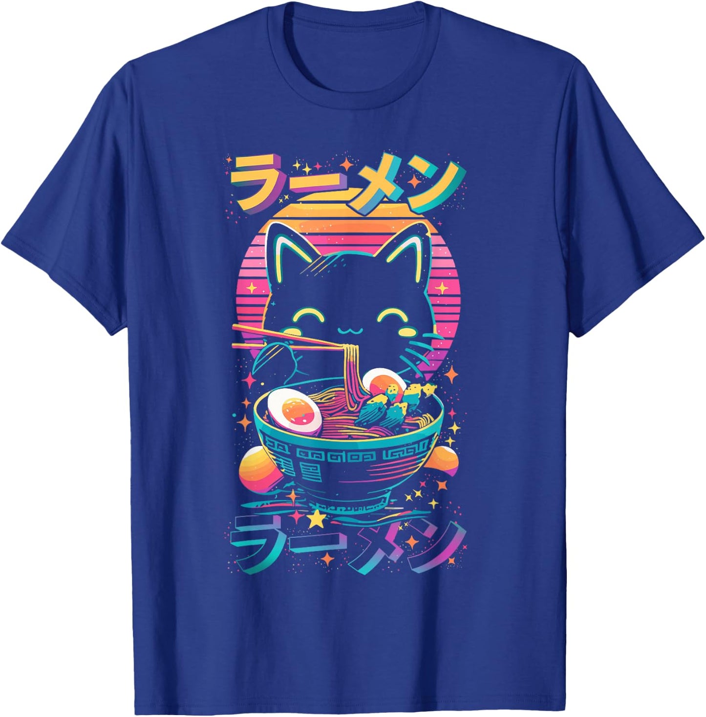 Anime Cat Eating Ramen Retro Kawaii Aesthetic T-Shirt - T-Shirt | Royal